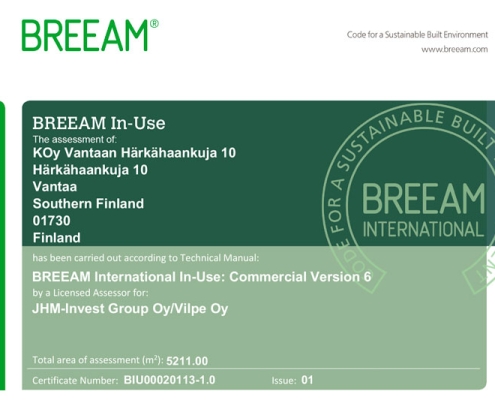 Härkähaankuja 10 BREEAM In-Use -sertifikaatti